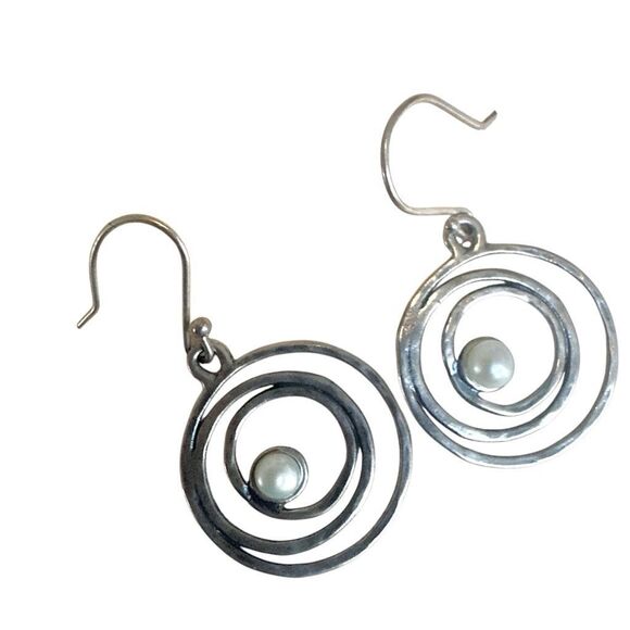 Sterling Silver Spiral Dangle Earrings with Real Pearl – Modern Artisan Style - Picture 1 of 11
